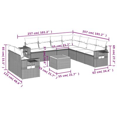 vidaXL 10-dijelni set vrtnih sofa s jastucima crni od poliratana