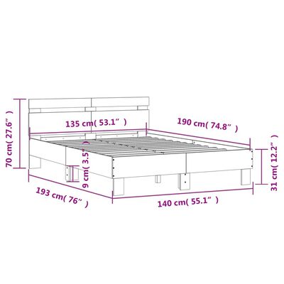 vidaXL Okvir kreveta s uzglavljem LED smeđa boja hrasta 135 x 190 cm