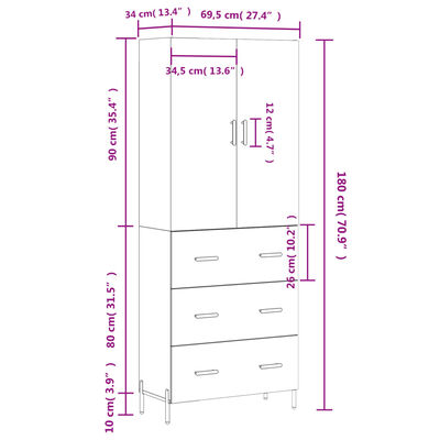 vidaXL Visoka komoda sjajna bijela 69,5x34x180 cm konstruirano drvo