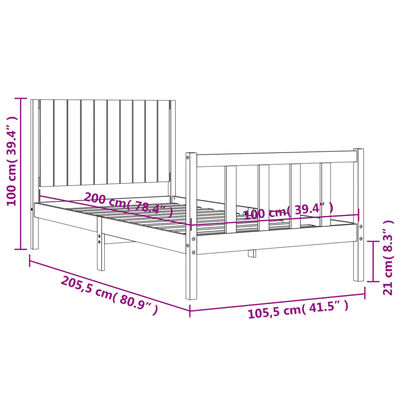 vidaXL Okvir za krevet s uzglavljem crni 100x200 cm od masivnog drva