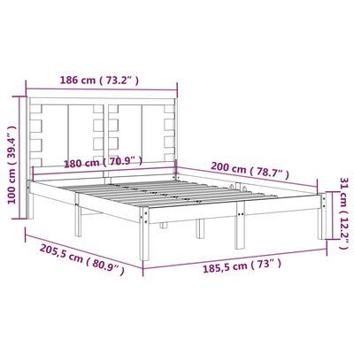 vidaXL Okvir za krevet od masivnog drva crni 180 x 200 cm 6FT bračni