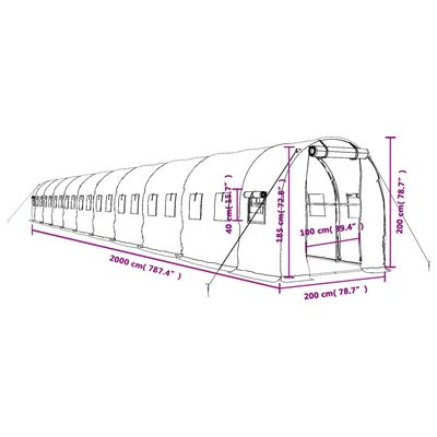 vidaXL Staklenik s čeličnim okvirom zeleni 40 m² 20 x 2 x 2 m