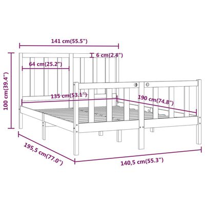 vidaXL Okvir za krevet od masivnog drva crni 135 x 190 cm bračni