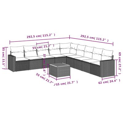 vidaXL 10-dijelni set vrtnih sofa s jastucima bež od poliratana