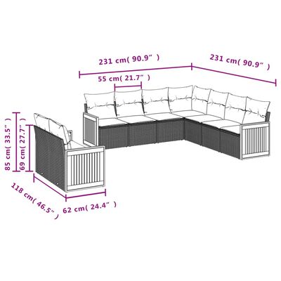 vidaXL 9-dijelni set vrtnih sofa od poliratana s jastucima sivi