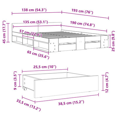 vidaXL Okvir kreveta s ladicama crni 135 x 190 cm konstruirano drvo