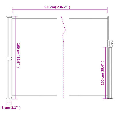 vidaXL Uvlačiva bočna tenda 160 x 600 cm crvena