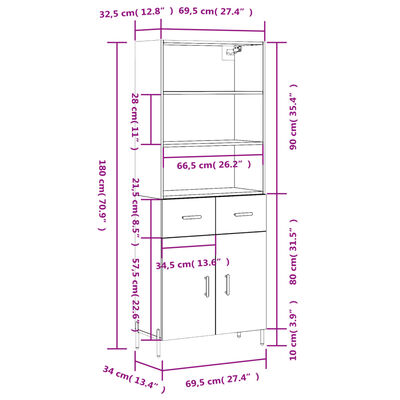 vidaXL Visoka komoda hrasta sonome 69,5x34x180cm od konstruiranog drva