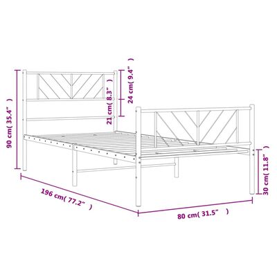 vidaXL Metalni okvir kreveta uzglavlje i podnožje bijeli 75x190 cm