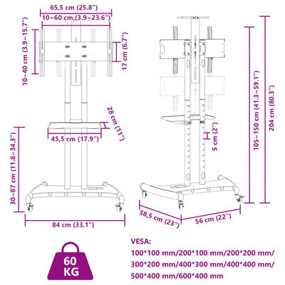 vidaXL Pomični TV stalak za zaslon od 32-70 inča max. 600x400 mm 60 kg