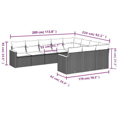 vidaXL 10-dijelni set vrtnih sofa s jastucima crni od poliratana