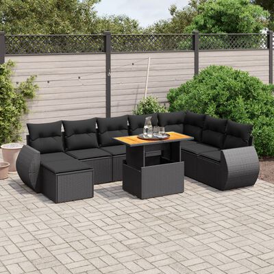 vidaXL 9-dijelni set vrtnih sofa s jastucima crni od poliratana