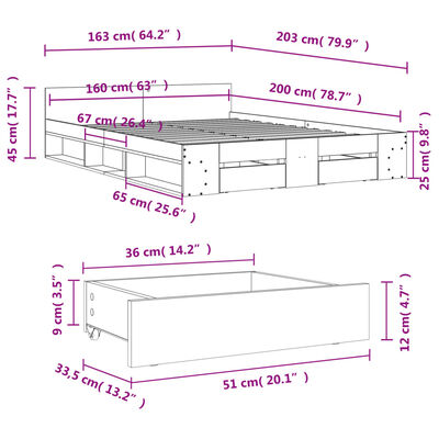 vidaXL Okvir za krevet s ladicama boja hrasta 160x200 cm drveni