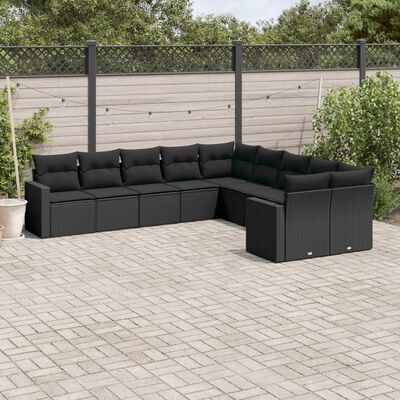 vidaXL 10-dijelni set vrtnih sofa s jastucima crni od poliratana