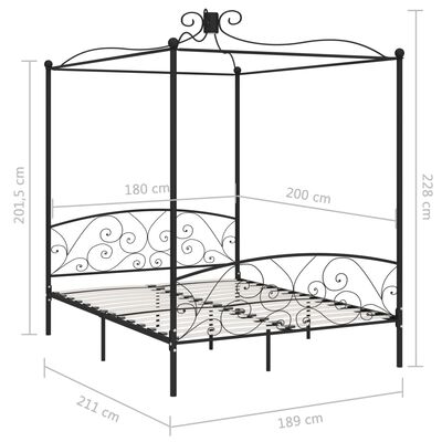 vidaXL Okvir za krevet s nadstrešnicom crni metalni 180 x 200 cm