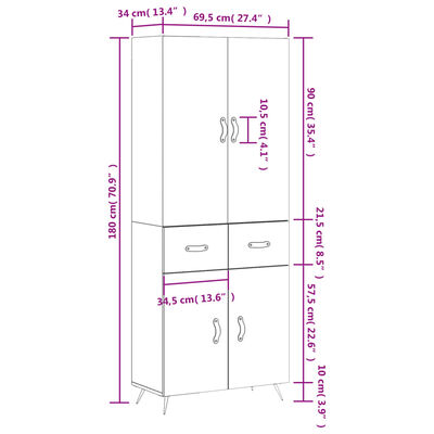 vidaXL Visoka komoda siva betona 69,5x34x180 cm od konstruiranog drva