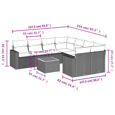 vidaXL 9-dijelni set vrtnih sofa s jastucima crni od poliratana