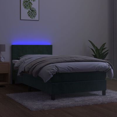 vidaXL Krevet box spring s madracem LED tamnozeleni 90x200 cm baršun