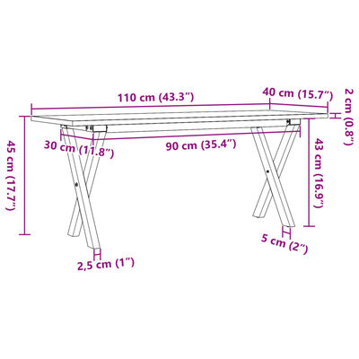 vidaXL Stolić za kavu X-oblika 110x40x45cm borovina i lijevano željezo