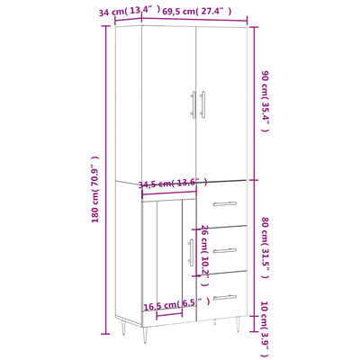 vidaXL Visoka komoda siva sonome 69,5x34x180 cm od konstruiranog drva