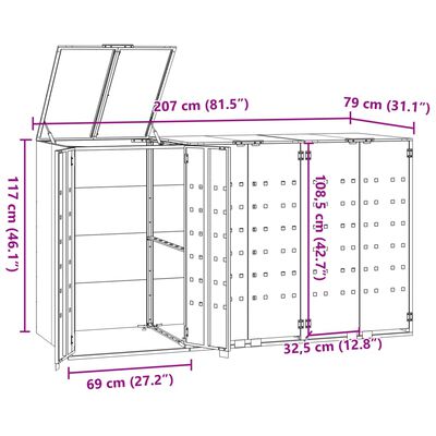 vidaXL Spremište za 3 kante za otpad crno 207 x 79 x 117 cm čelično