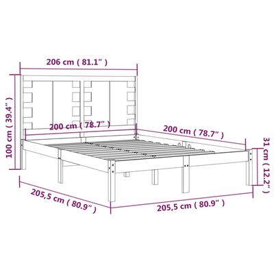 vidaXL Okvir za krevet od masivne borovine crni 200 x 200 cm