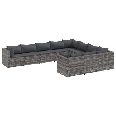 vidaXL 10-dijelni set vrtnih sofa od poliratana s jastucima sivi