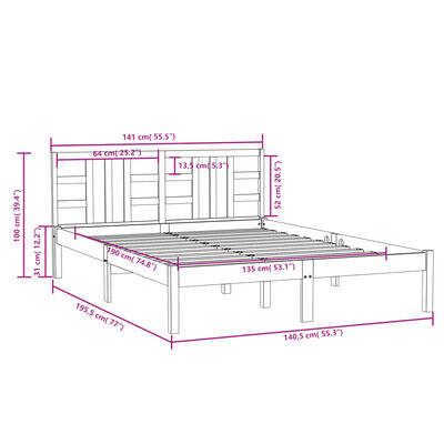 vidaXL Okvir za krevet od masivnog drva 135 x 190 cm 4FT6 bračni