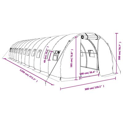 vidaXL Staklenik s čeličnim okvirom bijeli 36 m² 12 x 3 x 2 m