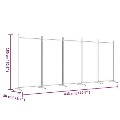 vidaXL Sobna pregrada s 5 panela bijela 433x180 cm od tkanine