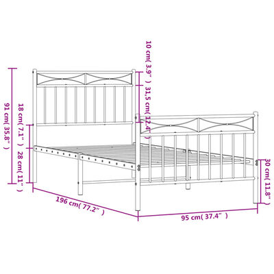 vidaXL Metalni okvir kreveta uzglavlje i podnožje crni 90x190 cm