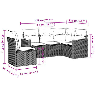 vidaXL 5-dijelni vrtni set sofa s jastucima bež od poliratana