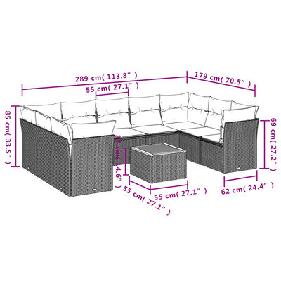 vidaXL 10-dijelni set vrtnih sofa s jastucima crni od poliratana