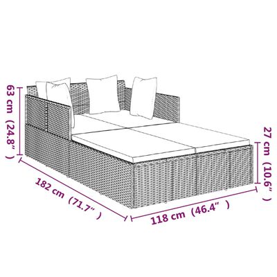 vidaXL Ležaj za sunčanje s jastucima crni 182 x 118 x 63 cm poliratan