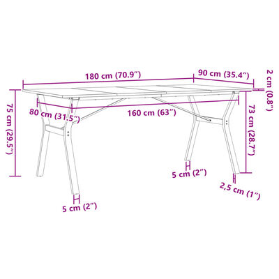 vidaXL Blagovaonski stol Y-oblika 180x90x75 cm od borovine i željeza