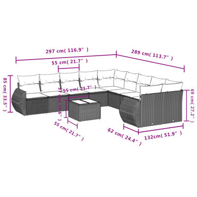 vidaXL 11-dijelni set vrtnih sofa od poliratana s jastucima crni