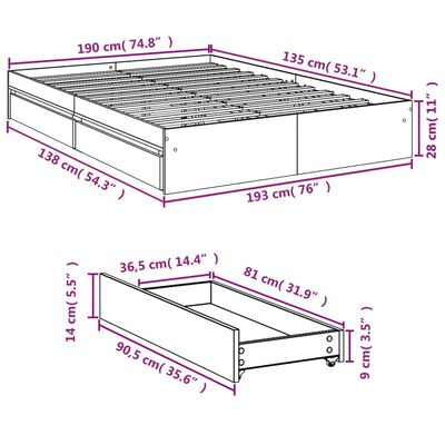 vidaXL Okvir kreveta s ladicama crni 135 x 190 cm konstruirano drvo