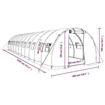 vidaXL Staklenik s čeličnim okvirom zeleni 36 m² 12 x 3 x 2 m