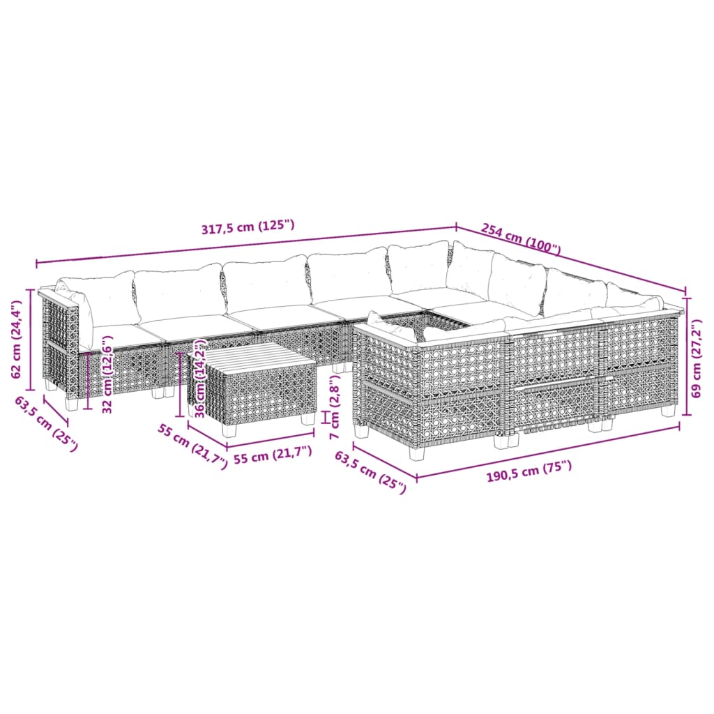 vidaXL 11-dijelni set vrtnih sofa od poliratana s jastucima crni