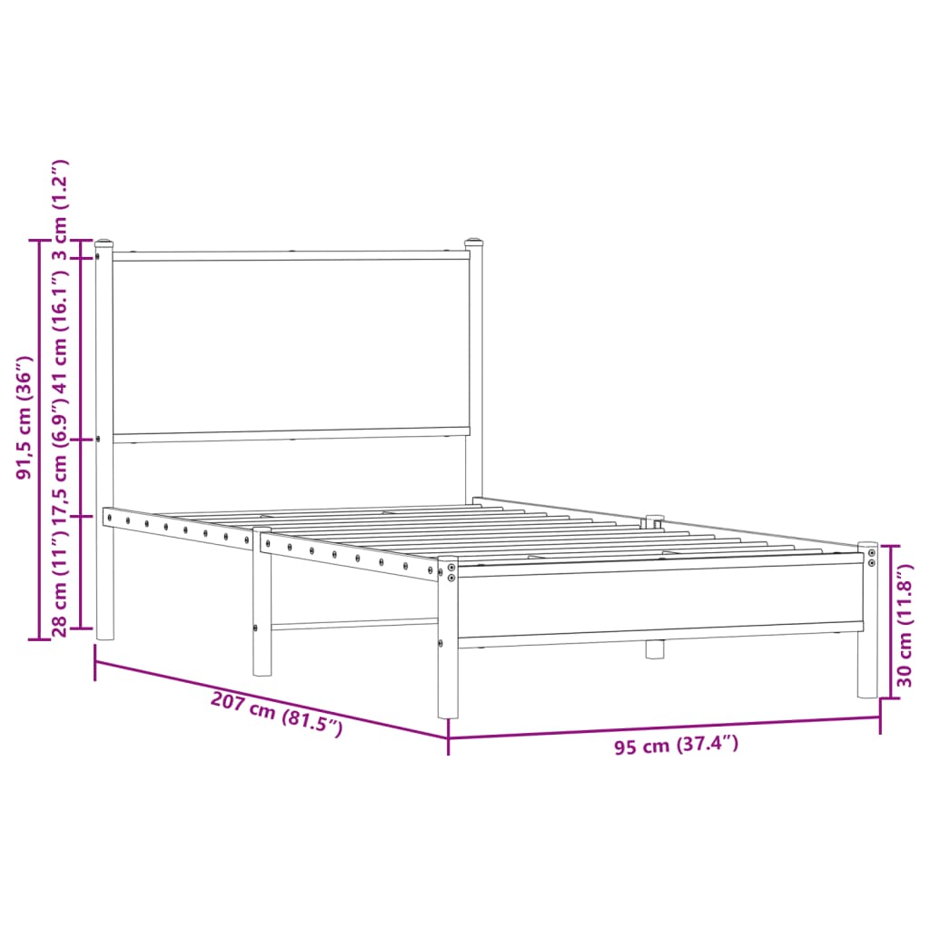 vidaXL Metalni okvir kreveta s uzglavljem smeđa boja hrasta 90x200 cm