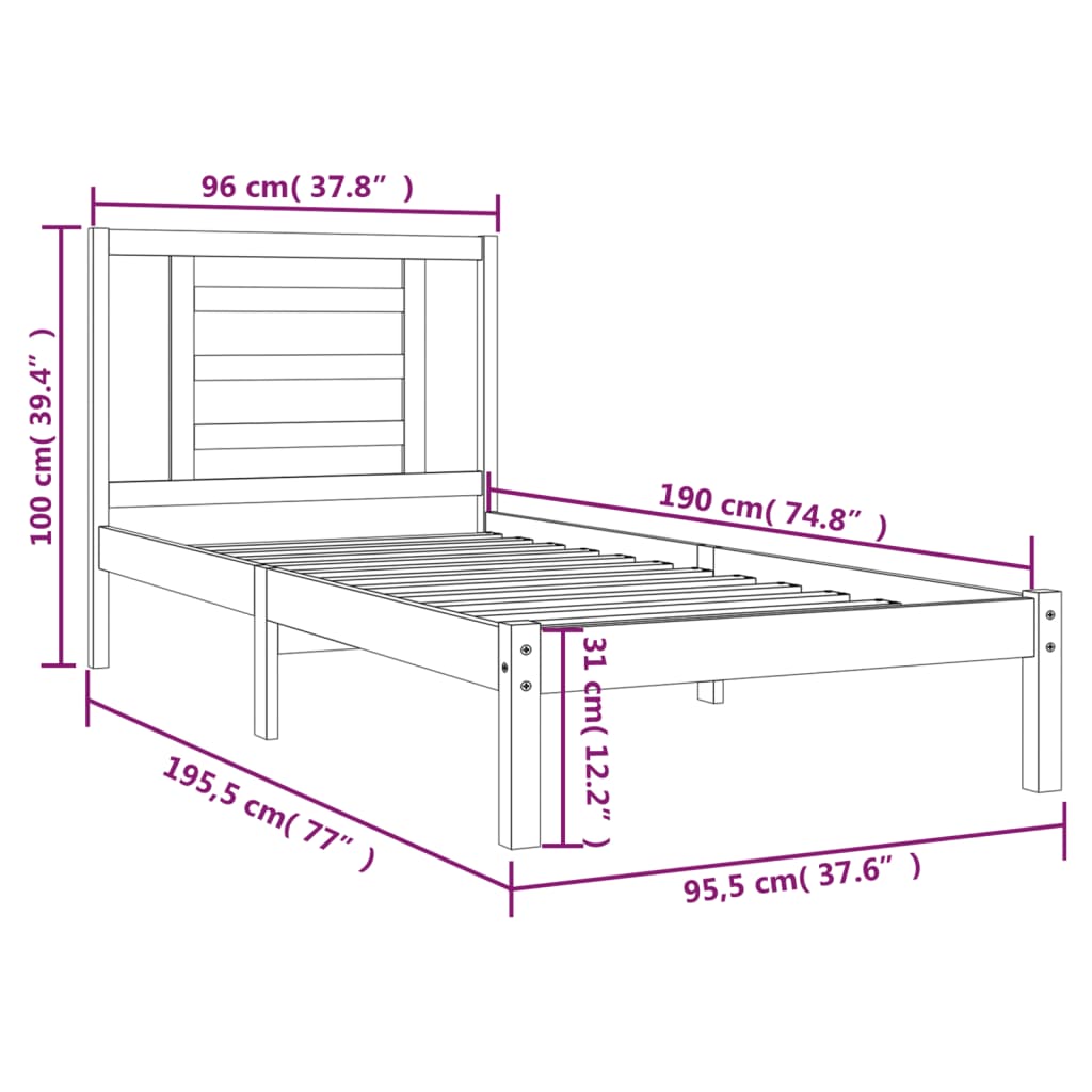 vidaXL Okvir za krevet od masivne borovine bijeli 90x190 cm 3FT mali