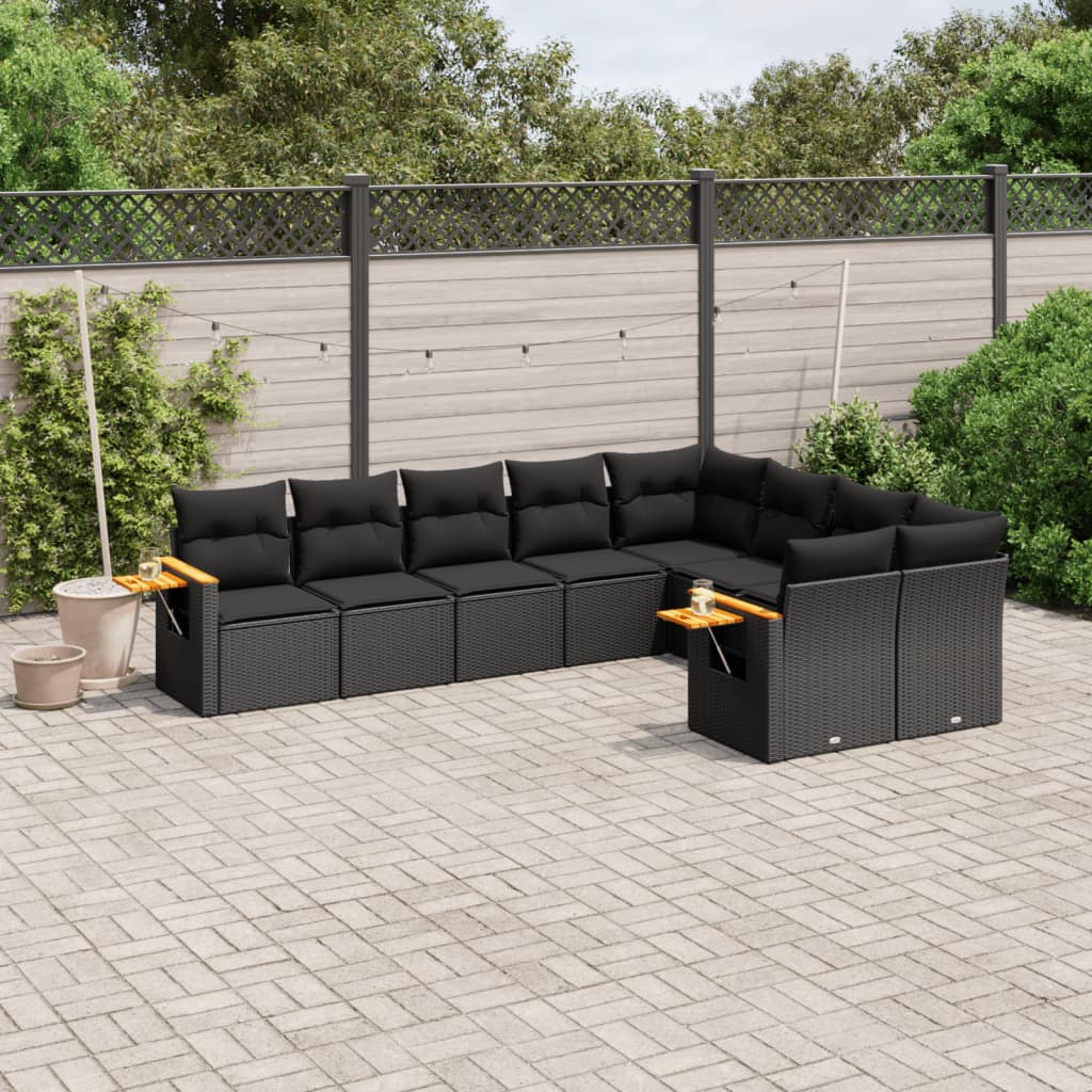 vidaXL 9-dijelni set vrtnih sofa s jastucima crni od poliratana