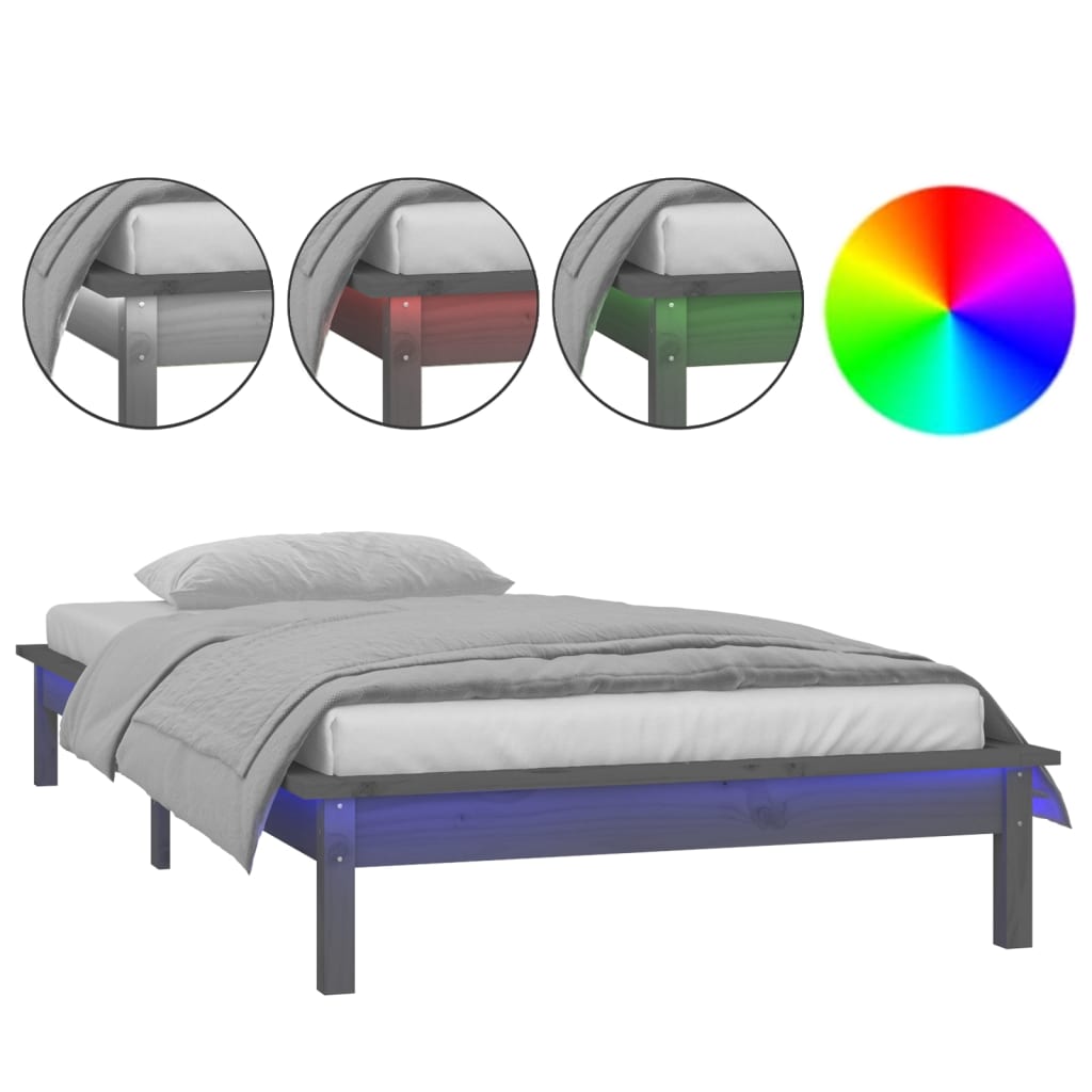 vidaXL LED okvir za krevet sivi 100 x 200 cm od masivnog drva