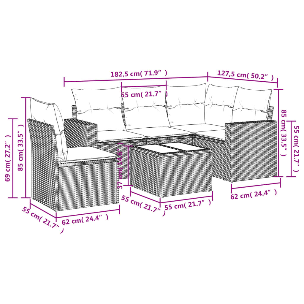 vidaXL 6-dijelni set vrtnih sofa od poliratana s jastucima svjetlosivi