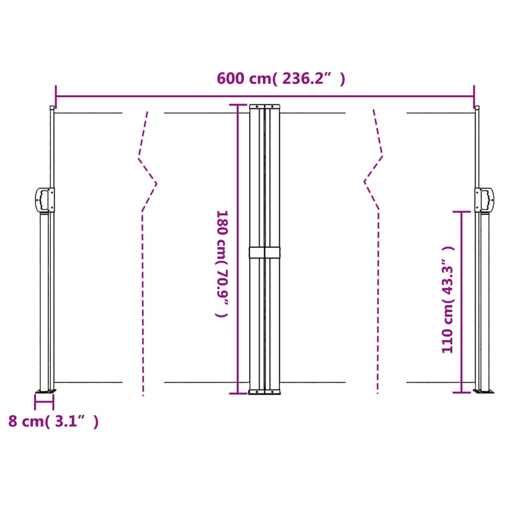 vidaXL Bočna tenda na uvlačenje terakota 180 x 600 cm