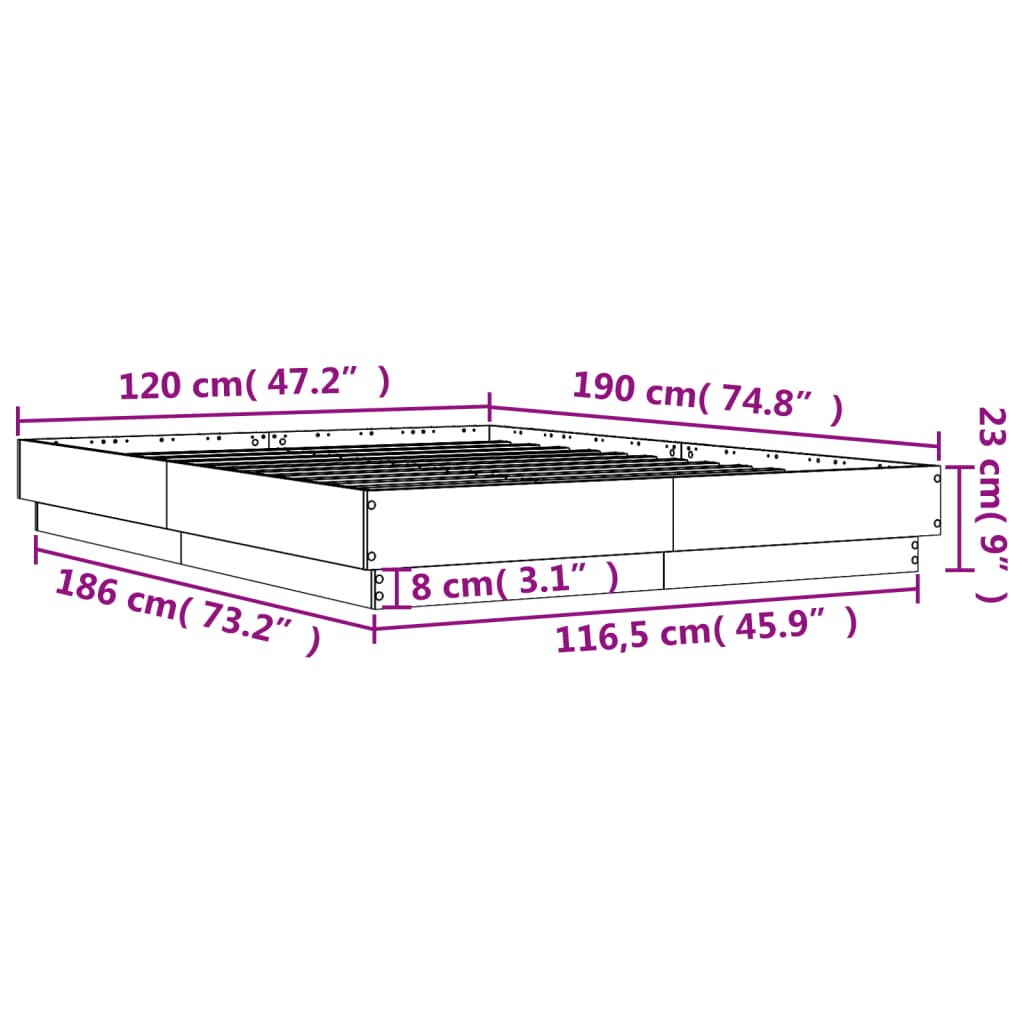 vidaXL Okvir kreveta s LED svjetlima siva boja betona 120 x 190 cm