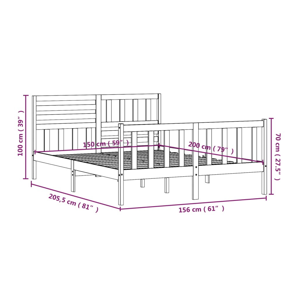 vidaXL Okvir za krevet od masivnog drva crni 150x200 cm veliki