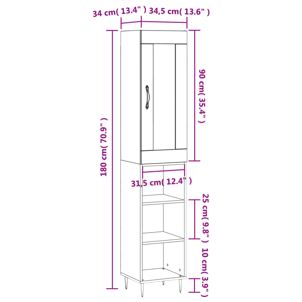 vidaXL Visoka komoda boja hrasta 34,5x34x180 cm od konstruiranog drva