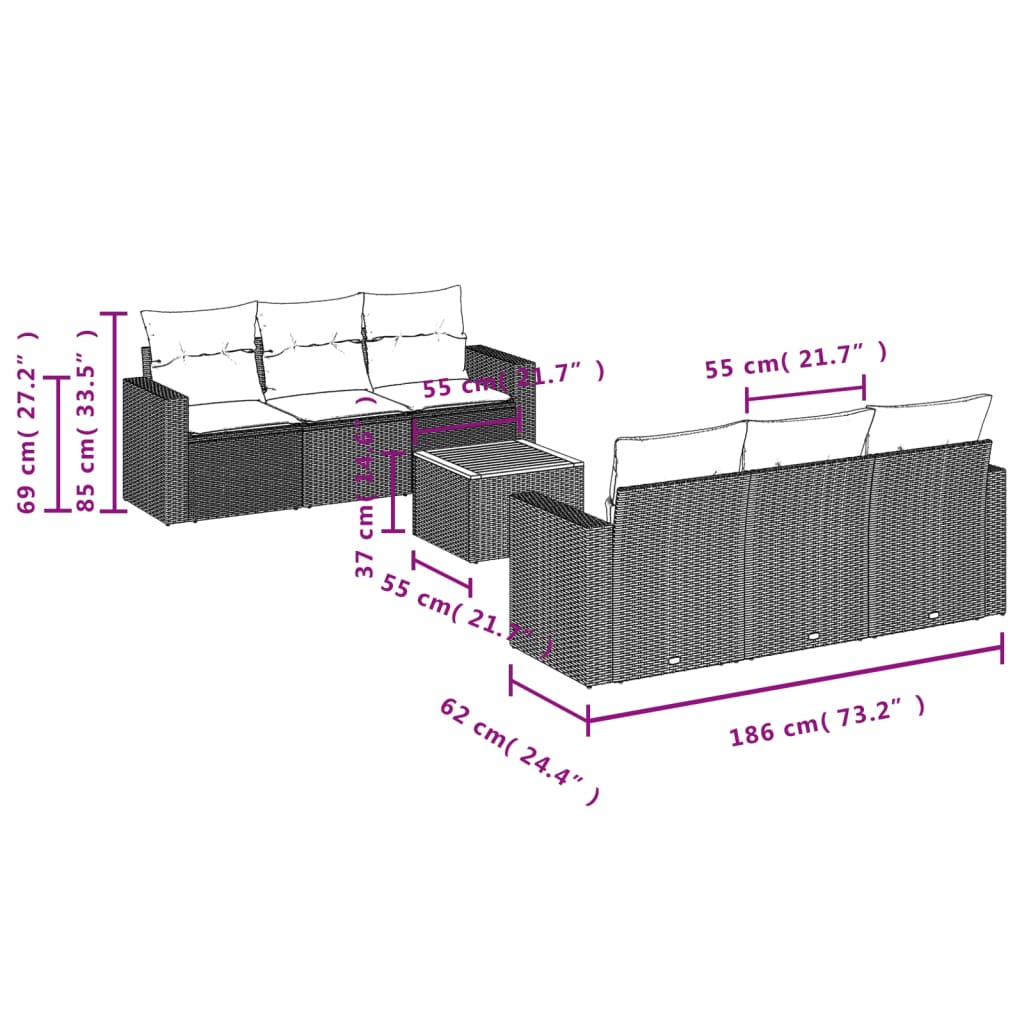 vidaXL 7-dijelni set vrtnih sofa od poliratana s jastucima crni