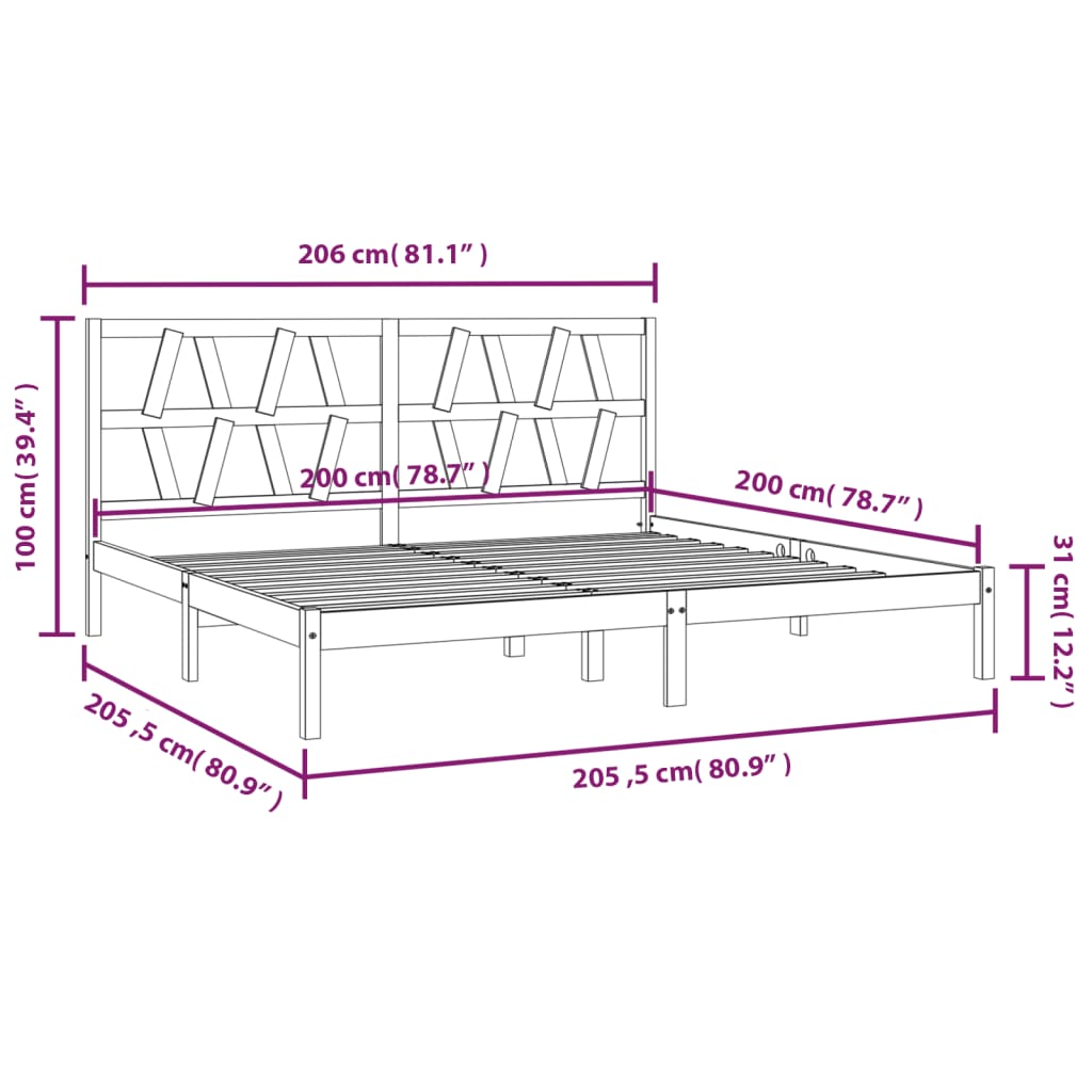 vidaXL Okvir za krevet od masivne borovine crni 200 x 200 cm